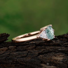 1CT Emerald Cut Moss Agate Three Stone Engagement Ring