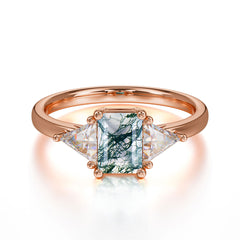 1CT Emerald Cut Moss Agate Three Stone Engagement Ring