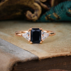 1CT Emerald Cut 4 Prong Black Onyx Three Stone Engagement Ring