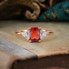 1CT Emerald Cut Garnet Three Stone Engagement Ring