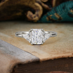 1CT Emerald Cut 4 Prong Moissanite Three Stone Engagement Ring