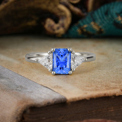 1CT Emerald Cut 4 Prong Sapphire Three Stone Engagement Ring