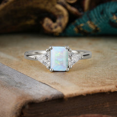 1CT Emerald Cut 4 Prong Opal Three Stone Engagement Ring