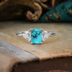 1CT Emerald Cut 4 Prong Turquoise Three Stone Engagement Ring
