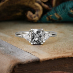 1CT Emerald Cut 4 Prong Black Rutilated Quartz Three Stone Engagement Ring