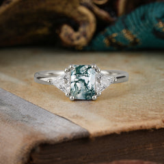 1CT Emerald Cut Moss Agate Three Stone Engagement Ring