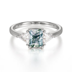 1CT Emerald Cut Moss Agate Three Stone Engagement Ring