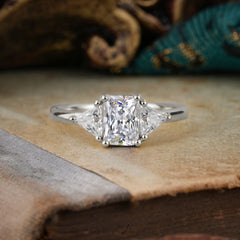 1CT Emerald Cut 4 Prong Lab Diamond Three Stone Engagement Ring