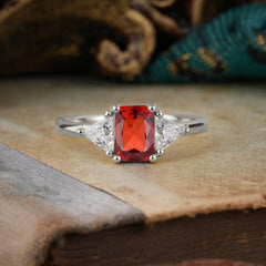 1CT Emerald Cut Garnet Three Stone Engagement Ring