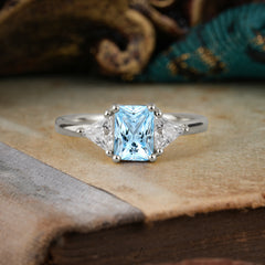 1CT Emerald Cut Aquamarine Three Stone Engagement Ring