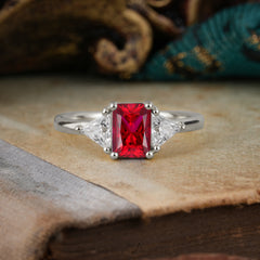 1CT Emerald Cut Ruby Three Stone Engagement Ring