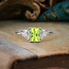1CT Emerald Cut 4 Prong Peridot Three Stone Engagement Ring
