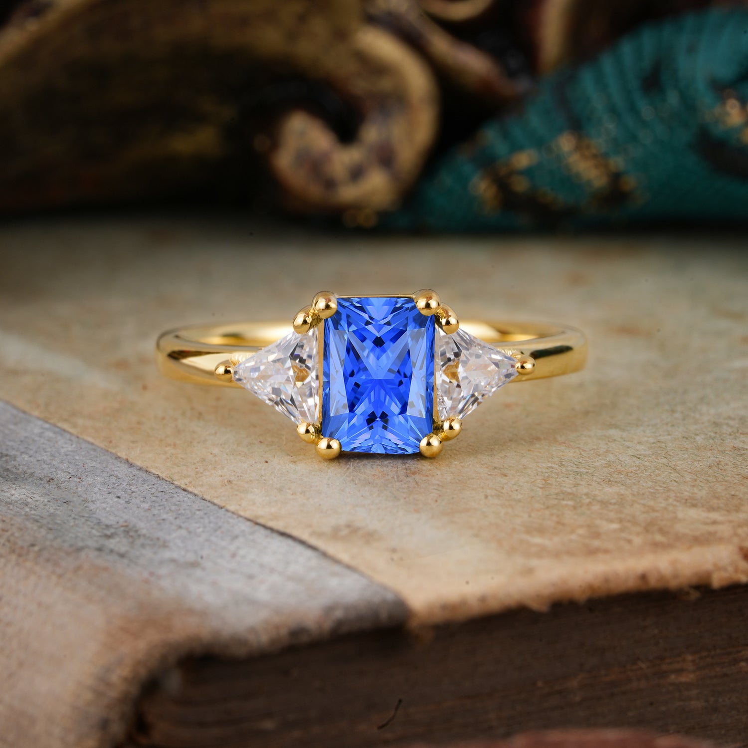 1CT Emerald Cut 4 Prong Sapphire Three Stone Engagement Ring