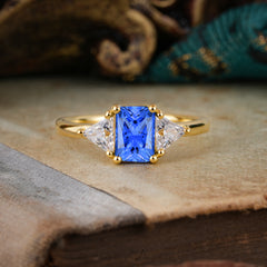 1CT Emerald Cut 4 Prong Sapphire Three Stone Engagement Ring