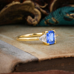 1CT Emerald Cut 4 Prong Sapphire Three Stone Engagement Ring