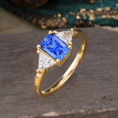 1CT Emerald Cut 4 Prong Sapphire Three Stone Engagement Ring