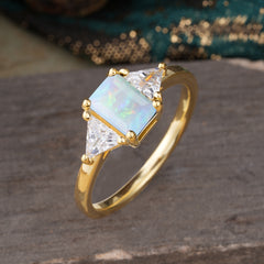 1CT Emerald Cut 4 Prong Opal Three Stone Engagement Ring