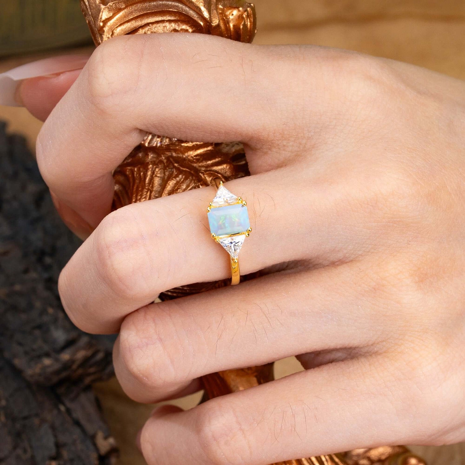1CT Emerald Cut 4 Prong Opal Three Stone Engagement Ring