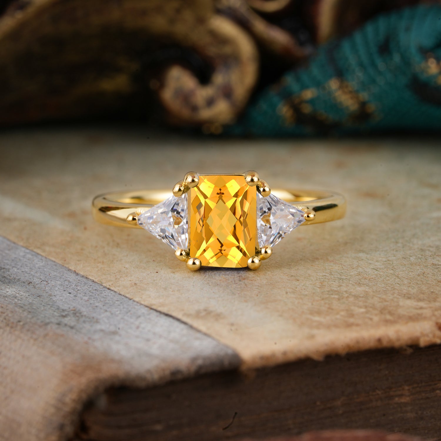1CT Emerald Cut Citrine Three Stone Engagement Ring