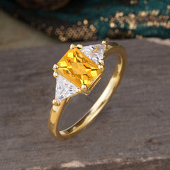 1CT Emerald Cut Citrine Three Stone Engagement Ring