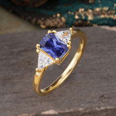 1CT Emerald Cut 4 Prong Tanzanite Three Stone Engagement Ring