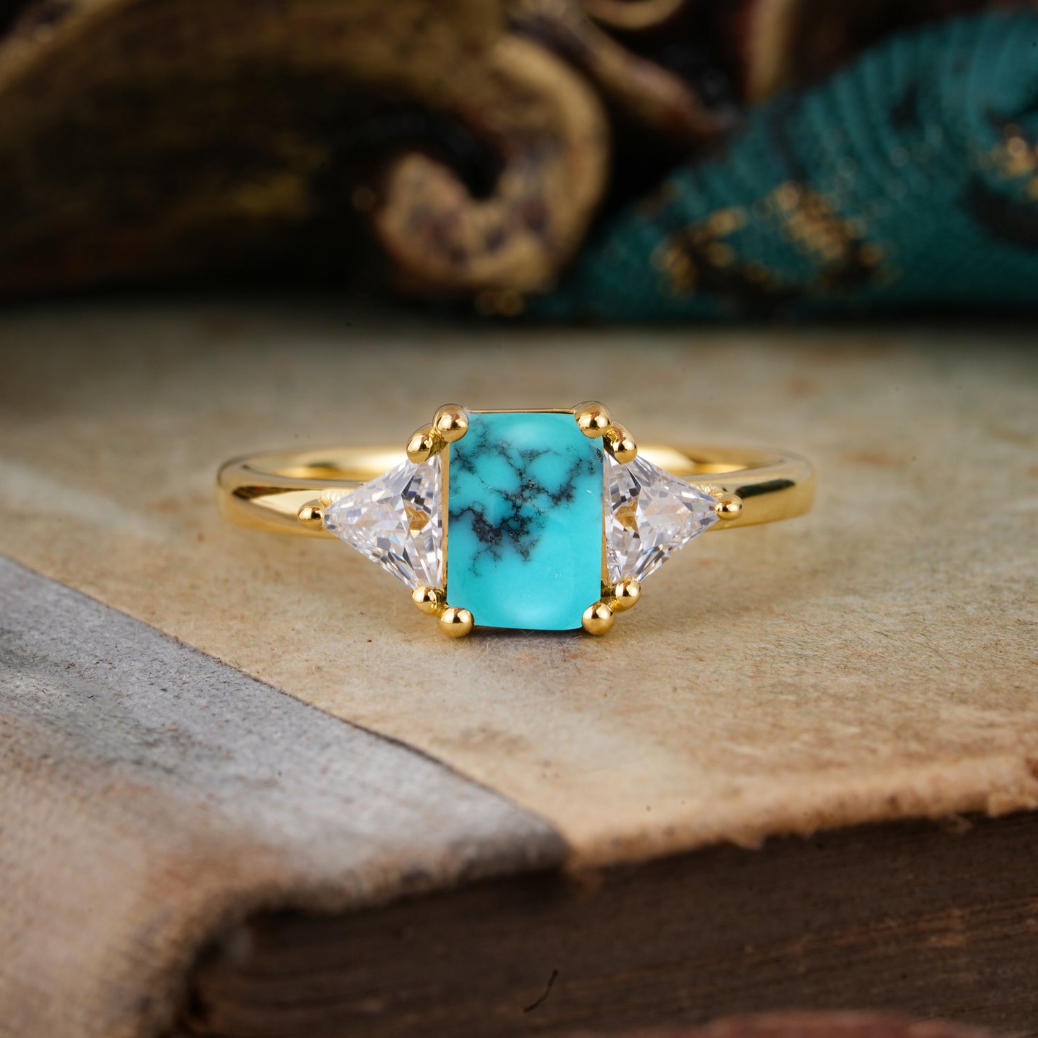 1CT Emerald Cut 4 Prong Turquoise Three Stone Engagement Ring