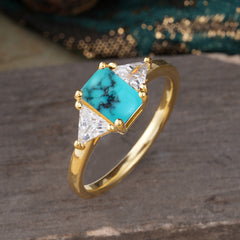 1CT Emerald Cut 4 Prong Turquoise Three Stone Engagement Ring