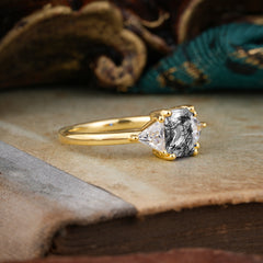 1CT Emerald Cut 4 Prong Black Rutilated Quartz Three Stone Engagement Ring