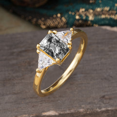 1CT Emerald Cut 4 Prong Black Rutilated Quartz Three Stone Engagement Ring