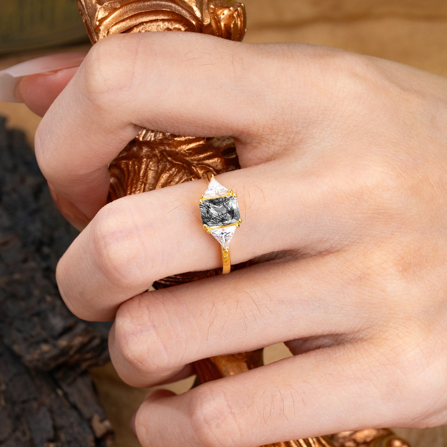 1CT Emerald Cut 4 Prong Black Rutilated Quartz Three Stone Engagement Ring