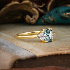 1CT Emerald Cut Moss Agate Three Stone Engagement Ring