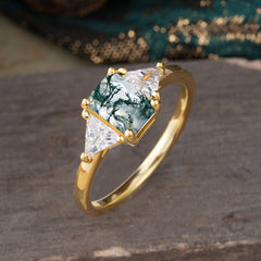 1CT Emerald Cut Moss Agate Three Stone Engagement Ring