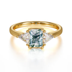 1CT Emerald Cut Moss Agate Three Stone Engagement Ring