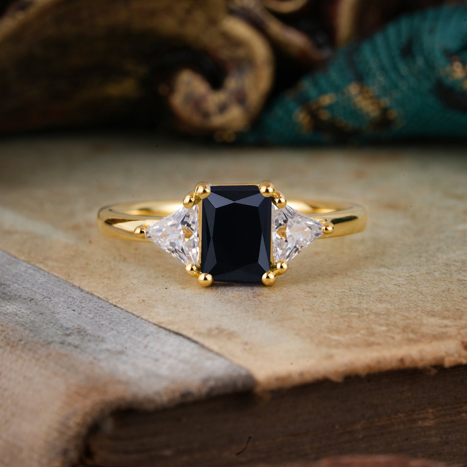 1CT Emerald Cut 4 Prong Black Onyx Three Stone Engagement Ring - Romalar Jewelry