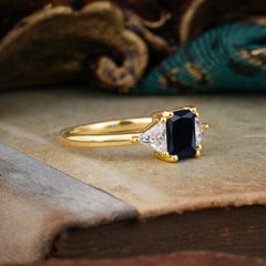 1CT Emerald Cut 4 Prong Black Onyx Three Stone Engagement Ring