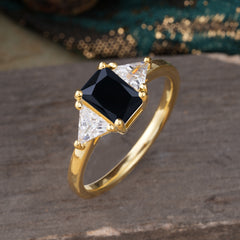 1CT Emerald Cut 4 Prong Black Onyx Three Stone Engagement Ring