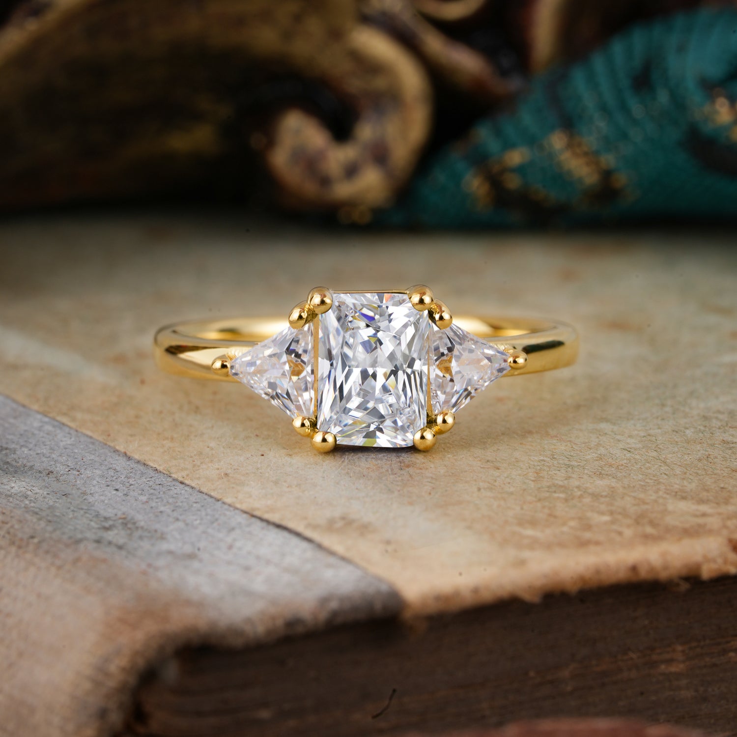 1CT Emerald Cut 4 Prong Lab Diamond Three Stone Engagement Ring