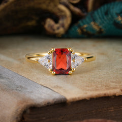 1CT Emerald Cut Garnet Three Stone Engagement Ring