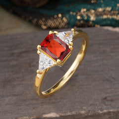 1CT Emerald Cut Garnet Three Stone Engagement Ring