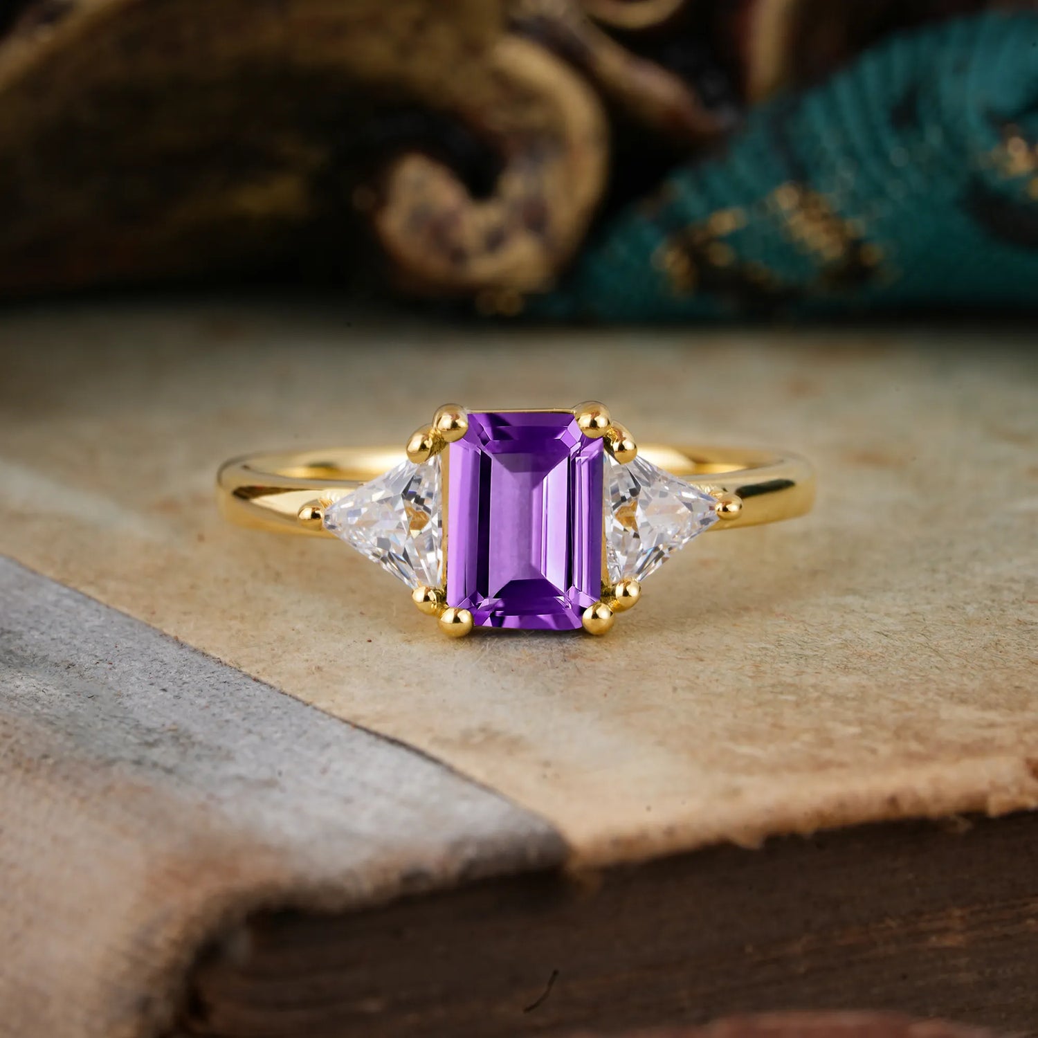 1CT Emerald Cut 4 Prong Amethyst Three Stone Engagement Ring