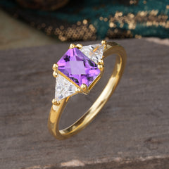 1CT Emerald Cut 4 Prong Amethyst Three Stone Engagement Ring