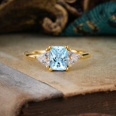 1CT Emerald Cut Aquamarine Three Stone Engagement Ring
