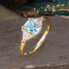 1CT Emerald Cut Aquamarine Three Stone Engagement Ring