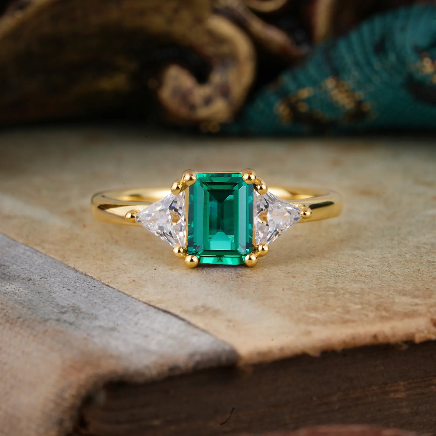 1CT Emerald Cut 4 Prong Emerald Three Stone Engagement Ring