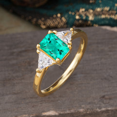 1CT Emerald Cut 4 Prong Emerald Three Stone Engagement Ring