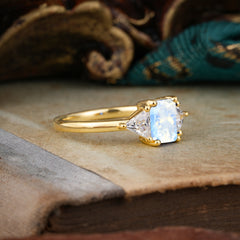 1CT Emerald Cut 4 Prong Moonstone Three Stone Engagement Ring