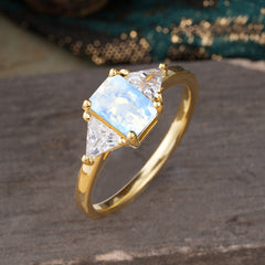 1CT Emerald Cut 4 Prong Moonstone Three Stone Engagement Ring
