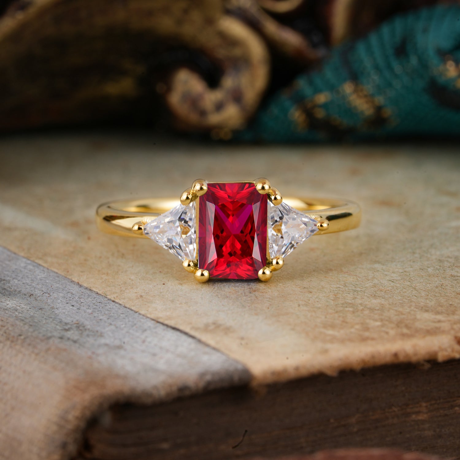 1CT Emerald Cut Ruby Three Stone Engagement Ring