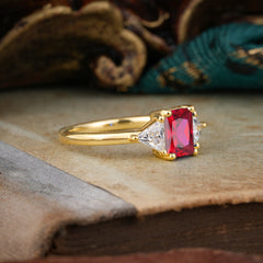 1CT Emerald Cut Ruby Three Stone Engagement Ring