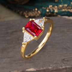 1CT Emerald Cut Ruby Three Stone Engagement Ring
